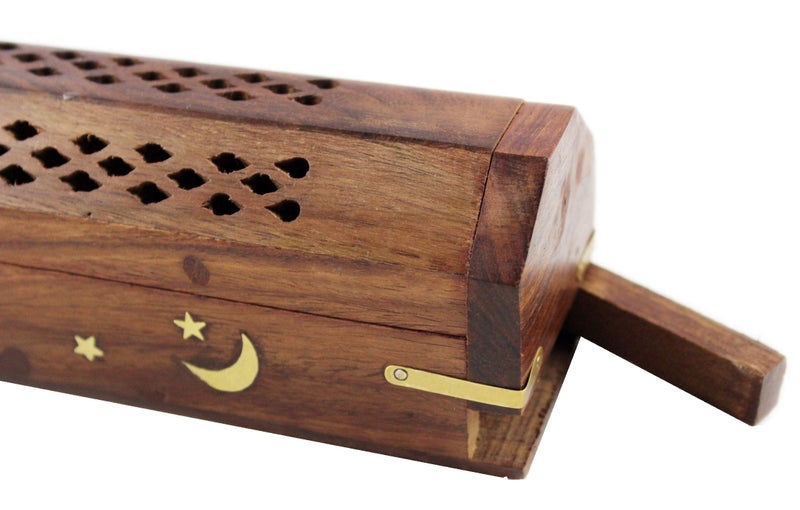 Cotton Craft Sheesham Wood Incense Burner Holder - Set of 2 Coffin Style Sun Moon Inlay Handmade Aromatherapy Room Freshener Fragrance Cone Incense Stick Burner Ash Catcher - Zen Home Gift - 12x2x2 - COTTON CRAFT - Image 5